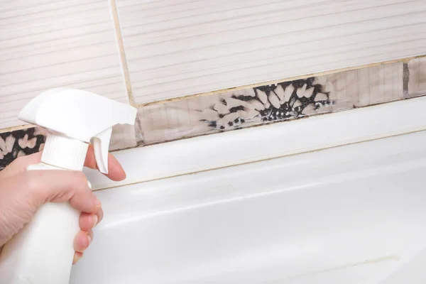 Removing Mold Mildew Tile Joints Bathroom Woman Hand Pink Protective — Foto de Stock