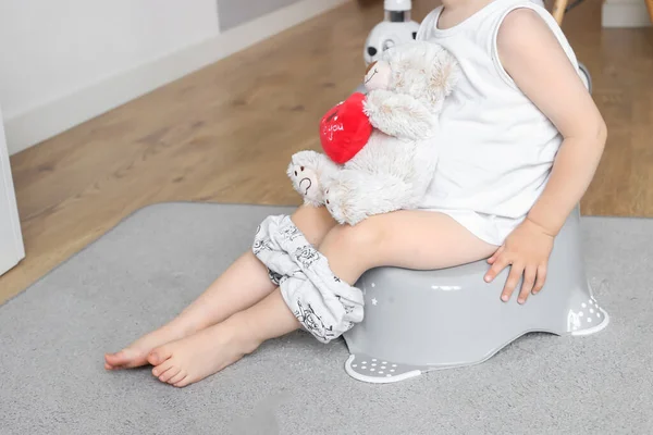 Cute Baby Years Old Teddy Bear Sits Potty Baby Potty — Foto de Stock