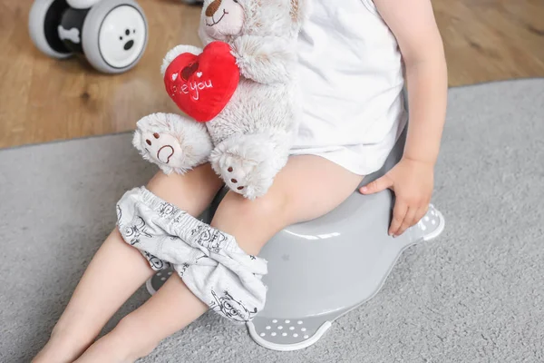 Cute Baby Years Old Teddy Bear Sits Potty Baby Potty — Foto de Stock