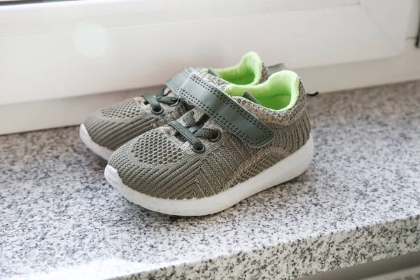 Baby Shoes Dry Windowsill Sill Life Balcony Terrace Drying Shoes — Stok fotoğraf