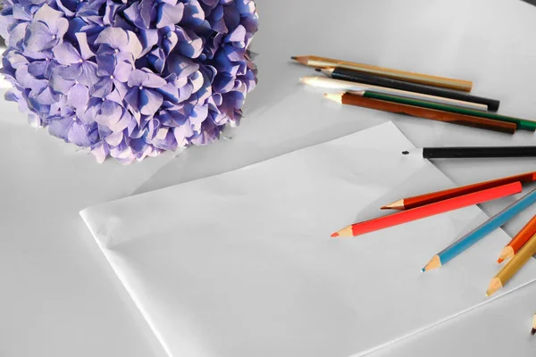 Art album and colored pencils on white table with flowers