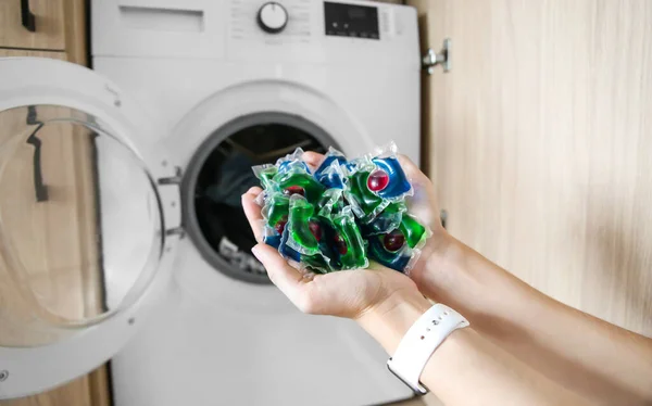 Selection Different Laundry Capsules Laundry Gel Capsules Female Hand Washing — Stockfoto