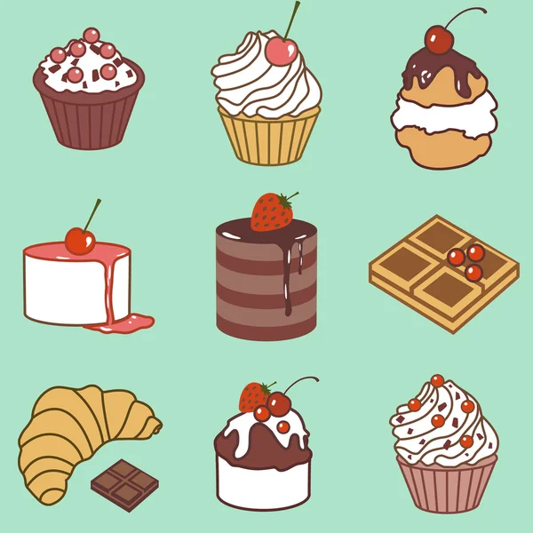 Set renk pasta ve tatlılar — Stok Vektör
