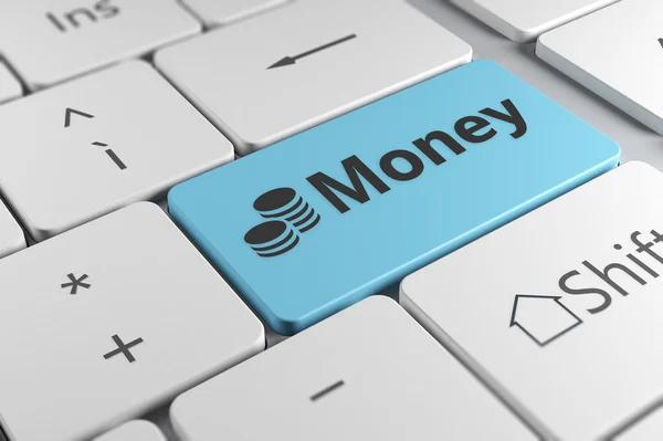 Elegant tangentbord på nära håll med blå knapp pengar och ett mynt — Stockfoto