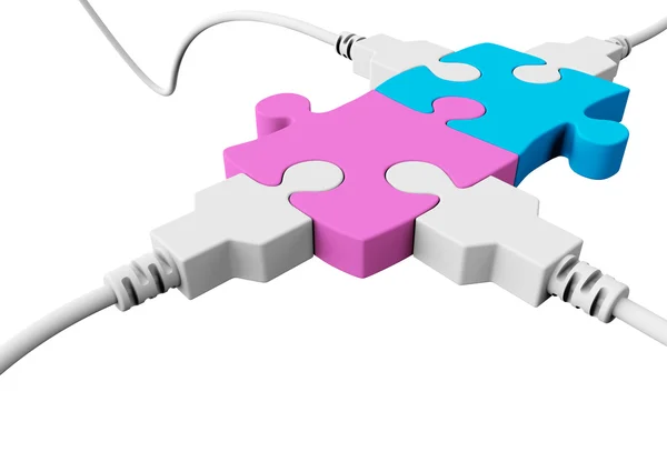 Four usb cables will connect two pieces of puzzle — Stock Photo, Image