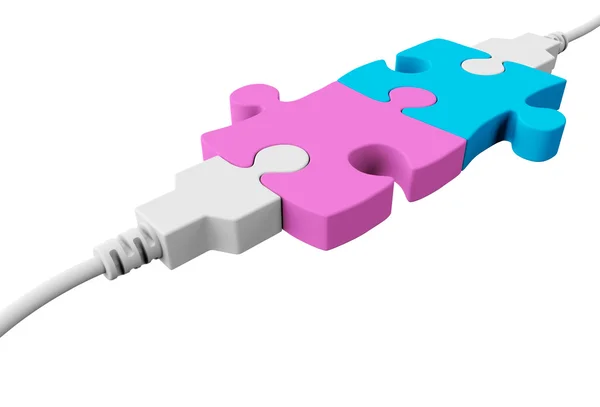 Two usb cables will connect two pieces of puzzle — Stock Photo, Image