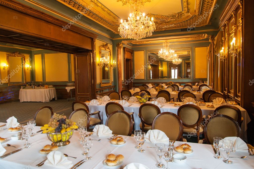 Elegant decorated wedding reception hall ready for guests and the party