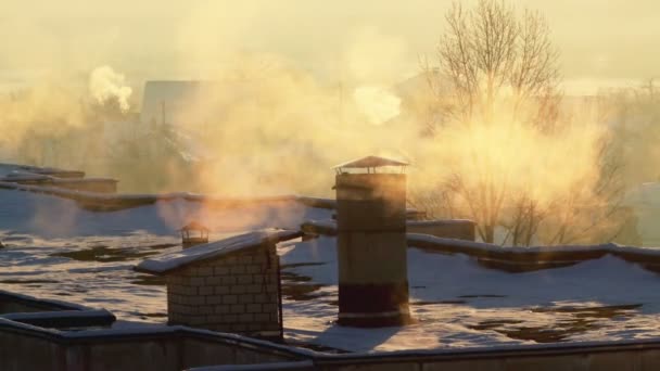 El vapor de las tuberías de ventilación de la casa sale en el invierno en el aire helado. Soleado mañana helada, espacio de copia para el texto — Vídeo de stock
