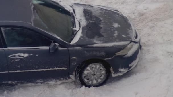 雪の中で乗用車が立ち往生した。氷の上の雪の中でホイールスキッド、クローズアップ、ホイールスピン — ストック動画