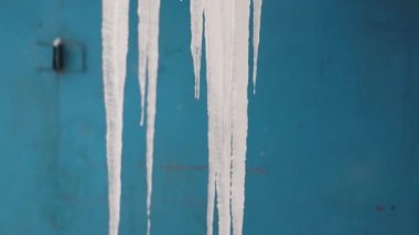 Kışın soğuk havada büyük buz sarkıtları çatıdan sarkıyor. Yakından. Arkaplan