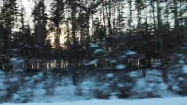 Güneşli bir günbatımının arka planında kış karlı ormanında hareket halindeki araba penceresinden görüntü. Güzel kış doğası