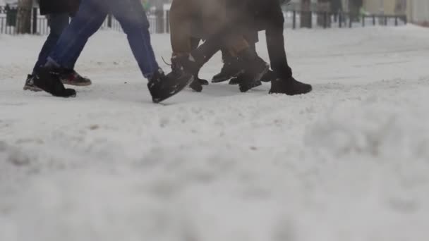 Människor går på en gångväg korsning under snöfall på vintern. Snöflingor faller i slow motion. Stormen. Risk för skada. Dåliga väderförhållanden, snöstorm. Jul och nyår — Stockvideo