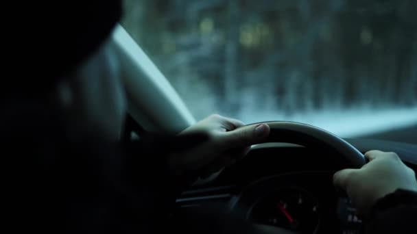 Las manos de los hombres sostienen el volante de un coche de pasajeros, viaje por carretera en invierno. Bosque nevado, fondo. Copiar espacio para texto — Vídeos de Stock