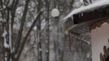 Rüzgâr binanın tepesinden kar esiyor. Kış fırtınasında kar yağışı. Kötü hava koşulları. Noel ve Yeni Yıl