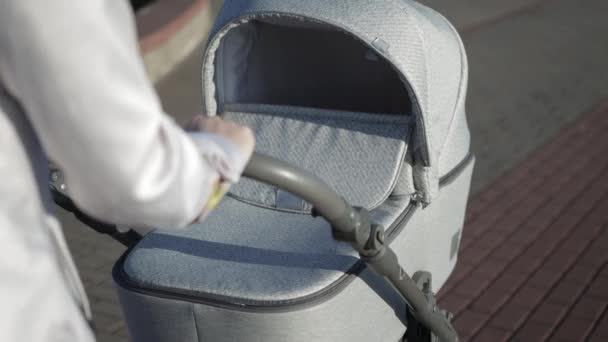 Ein Mädchen geht mit einem Kind die Straße hinunter in den Park. Spaziergänge in der Natur mit Kinderwagen und Neugeborenem aus nächster Nähe — Stockvideo