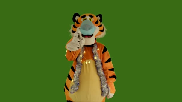 Tiger in medizinischer Schutzmaske benutzt antiseptisches Desinfektionsspray, er hustet, niest. Neujahr 2022 mit Coronavirus, COVID-19 Pandemie. Green screen chromakey 4:2:2. Wachstumspuppe — Stockvideo