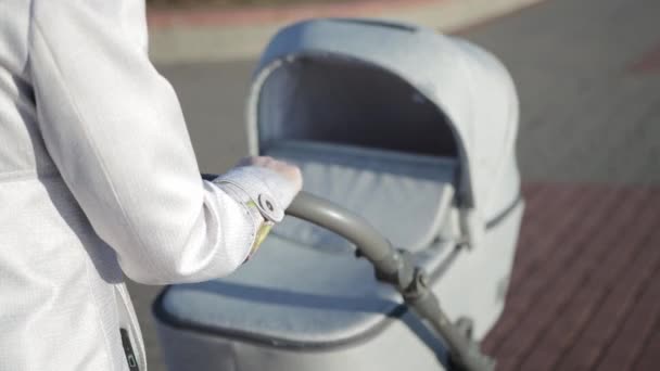 Een meisje in een grijze jas rolt een kinderwagen in de stad. Wandelen met een pasgeboren baby, achtergrond — Stockvideo