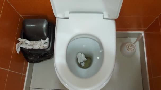 Man gooit en spoelt wc-papier in het toilet, close-up — Stockvideo