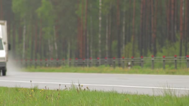 Road Bobruisk-Minsk, Belgien - 19 maj 2021: Trafik från bilar och lastbilar färdas på motorvägen med strålkastare tända när det regnar — Stockvideo