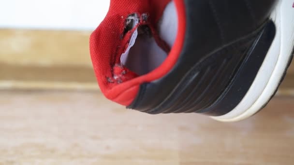 Espalda rota en zapatillas deportivas, primer plano. Zapatillas de deporte de baja calidad, rasgadas — Vídeos de Stock