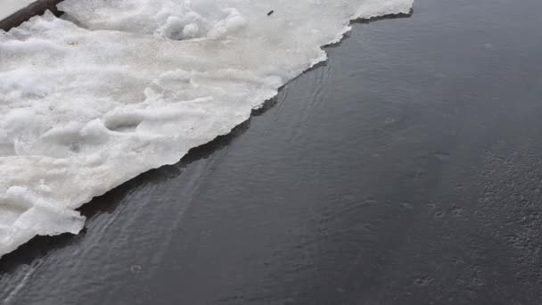 Sciogliere la neve in primavera in città. Flussi d'acqua scorrono attraverso la città. L'inizio della primavera, sfondo — Video Stock