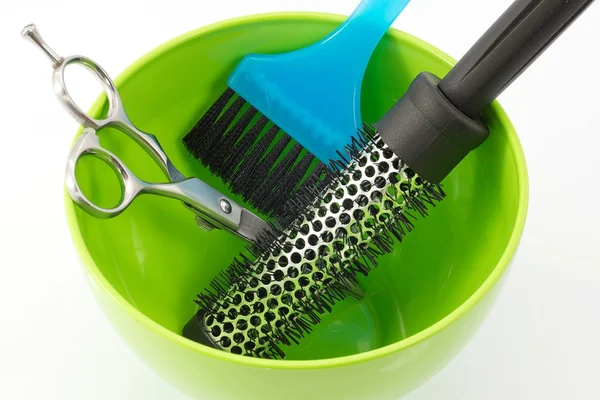 Thermal brush, scissors and brush hair dyeing — Stock Photo, Image