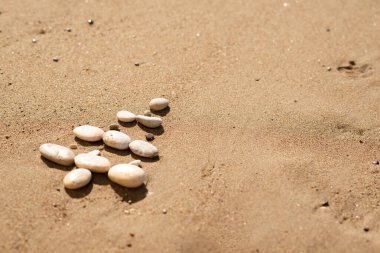 Sahildeki taşlardan yapılmış yaratıcı Noel ağacı. Yeni yıl konsepti. kopyalama alanı