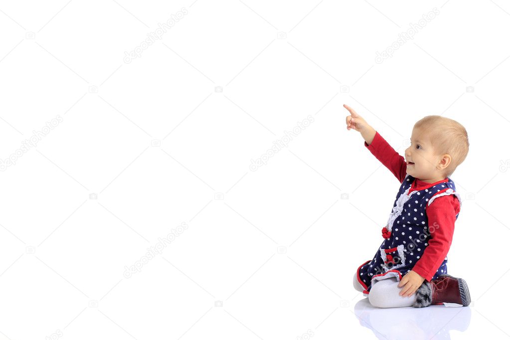 Baby in the right corner on a white background