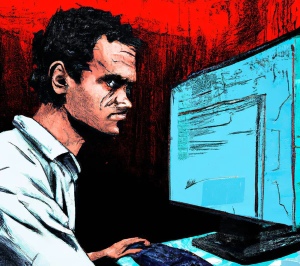 Ένα Άτομο Εργάζεται Στο Διαδίκτυο Στον Υπολογιστή Του — Φωτογραφία Αρχείου