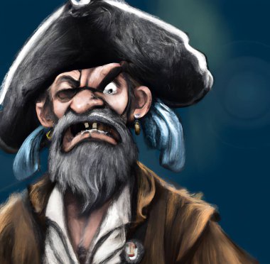 Yaşlı, öfkeli bir korsanın tasviri.