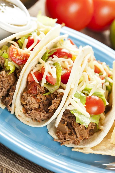 Frische hausgemachte geschredderte Rindfleisch-Tacos — Stockfoto