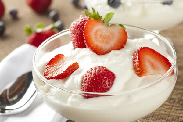 Yogurt greco biologico fresco con fragole — Foto Stock