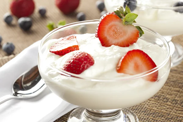 Yogurt greco biologico fresco con fragole — Foto Stock