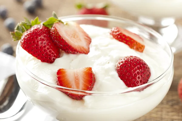 Yogurt greco biologico fresco con fragole — Foto Stock