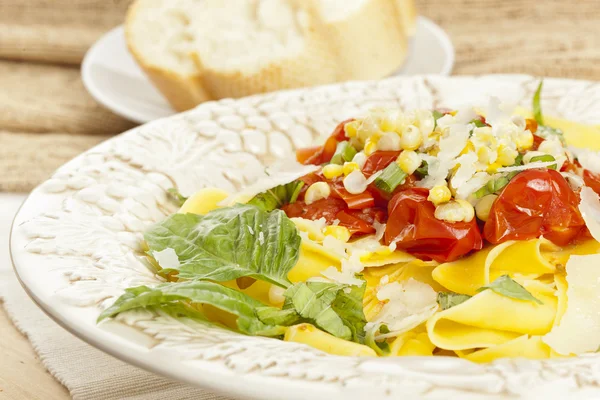 Pappardelle Pasta with corn and tomatoes — Stock Photo, Image