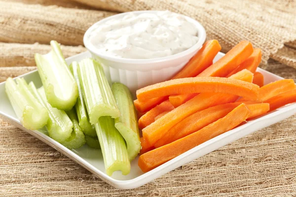 Ranch dressing with carrots and celery — Stock Photo, Image