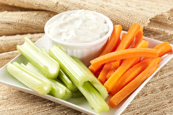 Ranch dressing with carrots and celery — Stock Photo, Image