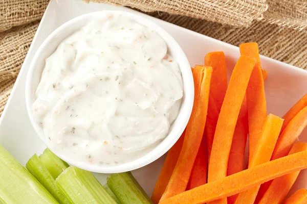 Ranch dressing with carrots and celery — Stock Photo, Image