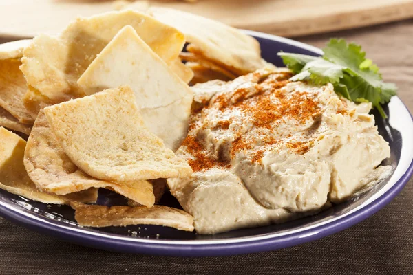 Chips caseros crujientes de Pita con hummus — Foto de Stock