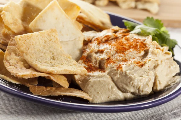 Homemade Crunchy Pita Chips with Hummus — Stock Photo, Image