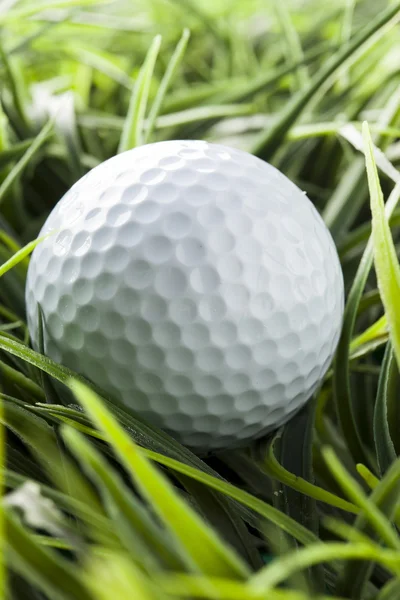 Чистый белый мяч для гольфа на зеленой траве — стоковое фото