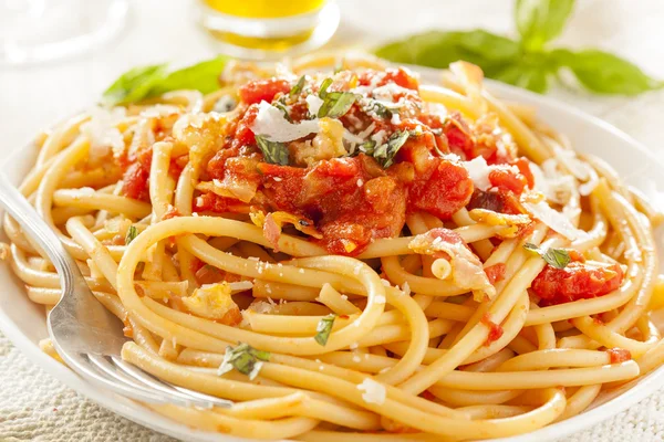 Hemlagad bucatini amatriciana pasta — Stockfoto