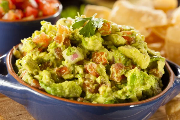 Guacamole orgânico caseiro e chips de tortilla — Fotografia de Stock