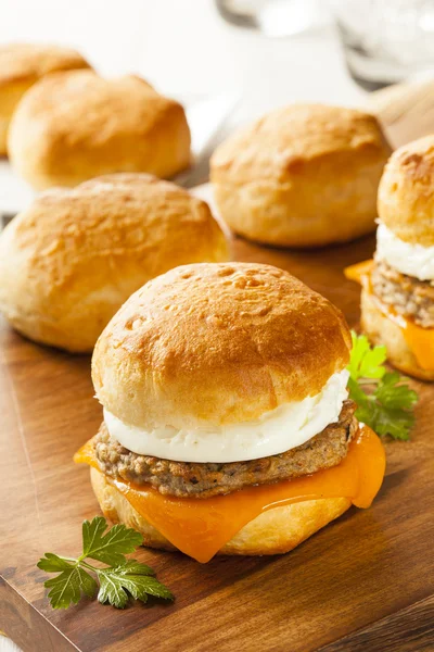 Sanduíche de ovo caseiro com salsicha e queijo — Fotografia de Stock