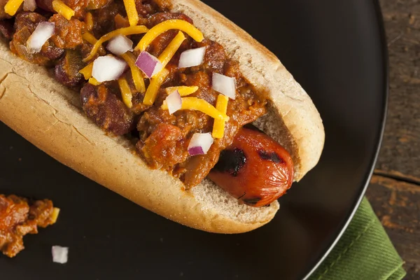 Homemade Hot Chili Dog with Cheddar Cheese — Stock Photo, Image