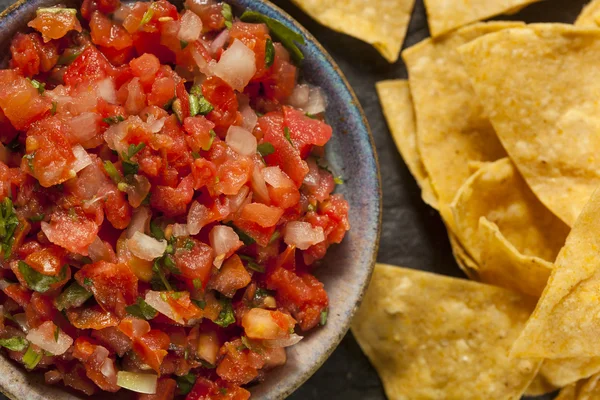 Házi pico de gallo salsa és a chipek — Stock Fotó