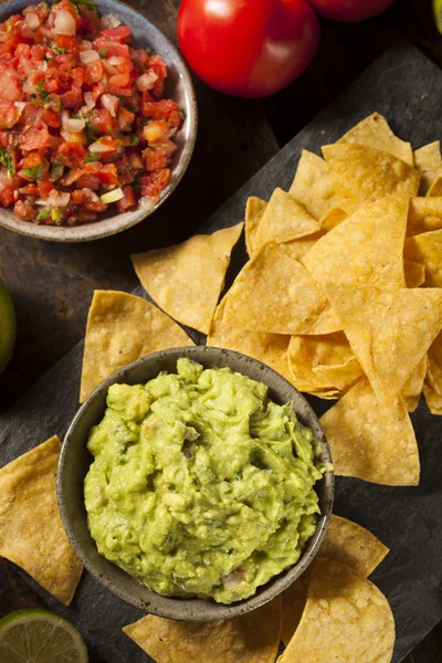 Guacamole Buatan Hijau dengan Chips Tortilla — Stok Foto