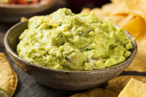 Guacamole Buatan Hijau dengan Chips Tortilla — Stok Foto