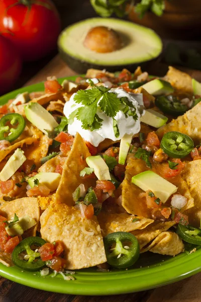 Nachos caseiros insalubres com queijo e legumes — Fotografia de Stock