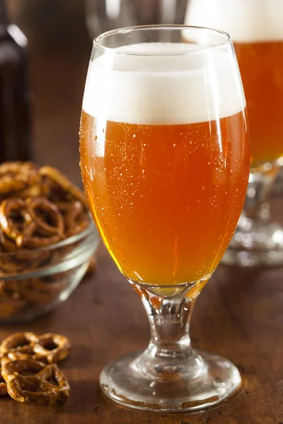 Насолоджуючись смаком холодного пива бельгійський Бурштиновий елем — стокове фото